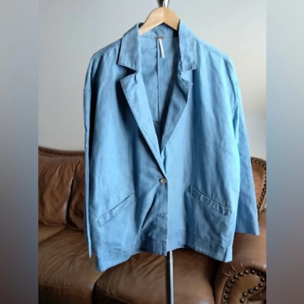 FREE PEOPLE Blue Oversize Blazer Shacket Jacket Cotton/Hemp Fabric Size S